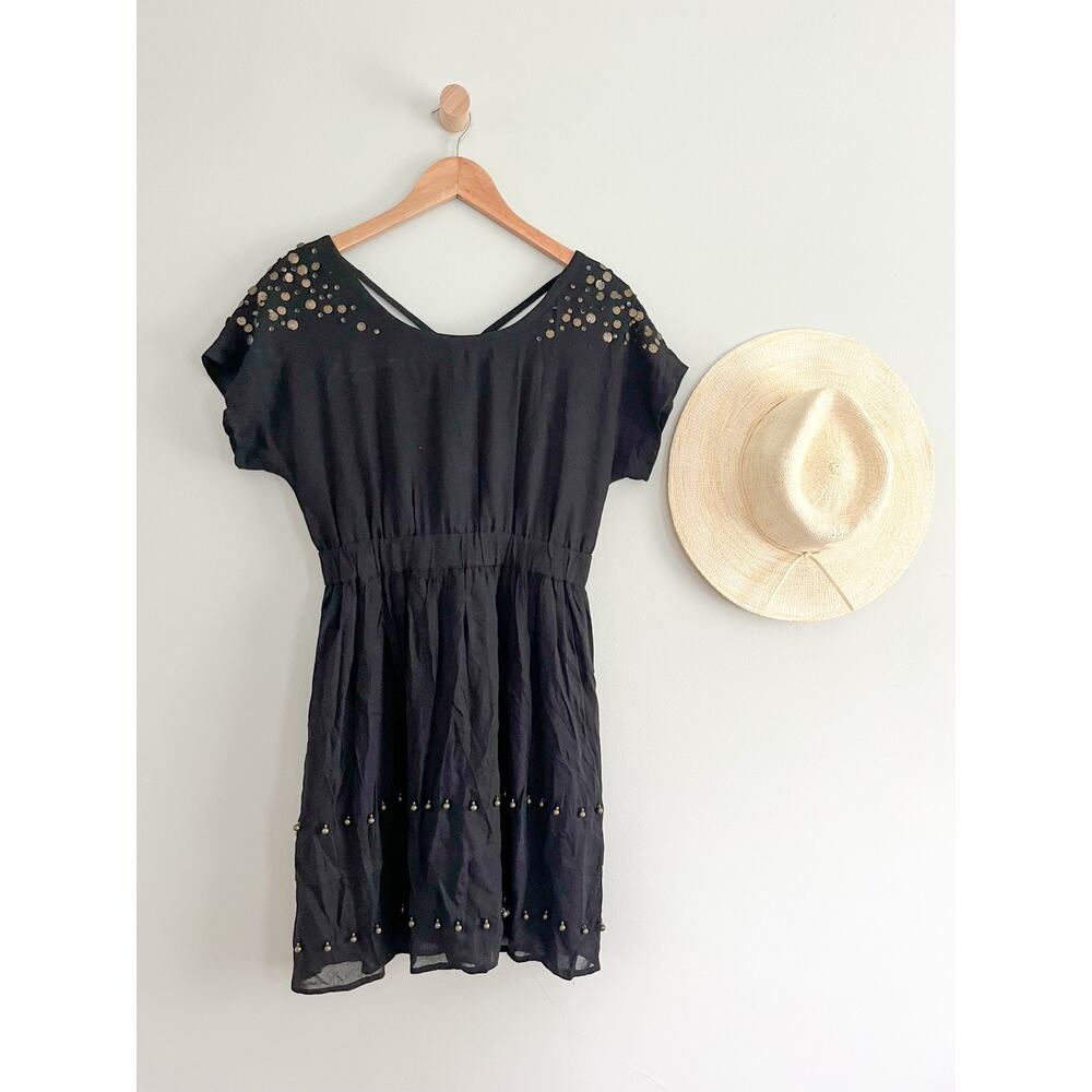 Fei for Anthropologie | Black mini dress with metal beading | Size 0